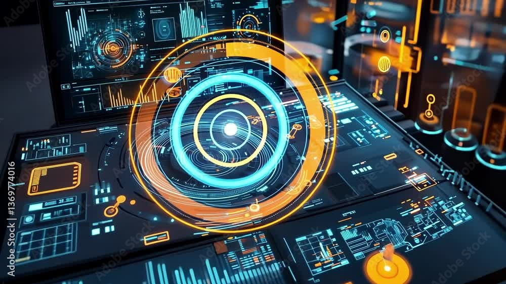 Poster displaying complex data on a futuristic control panel, illustrating advanced technological monitorin