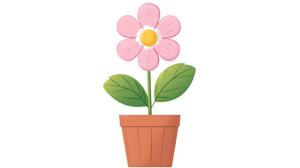 Cartoon Potted Flower with Pink Petals and Green Leaves, Pink Flower in Pot Illustration Isolated