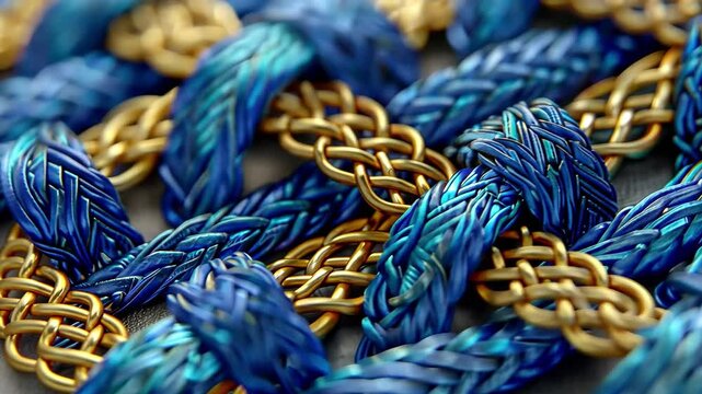 The textile features a stunning blend of blue and gold patterns with intricate braiding and knotting, demonstrating exceptional craftsmanship from skilled artisans.