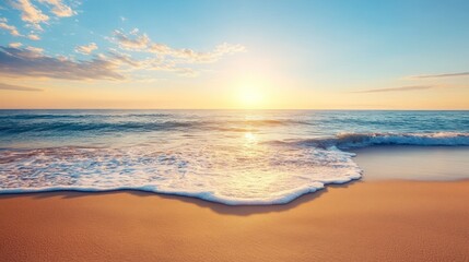 Beautiful beach landscape with blue water, golden sand, and a serene sky.
