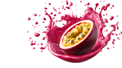 Passion Fruit with half slice falling and floating red splash png