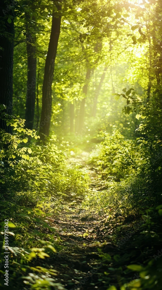Poster serene forest path with soft diffused light through the trees