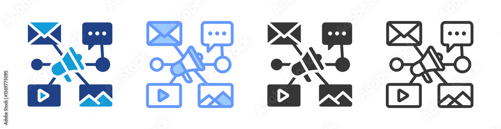 Poster promotions through channel icon set multiple style collection