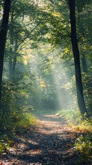 Obraz premium Serene Forest Pathway Bathed in Soft Diffused Light