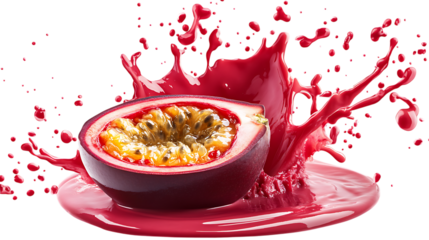 Passion Fruit with half slice falling and floating red splash png