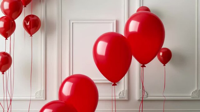 A collection of vibrant red balloons occupies a bright, minimalist room with white walls and a blank frame, creating a cheerful atmosphere suitable for various events.