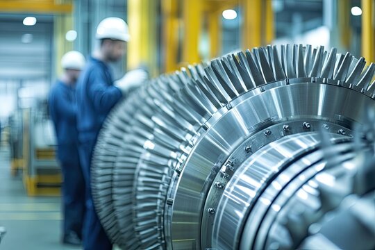 Workers inspecting a large turbine in an industrial facility with machinery in the background