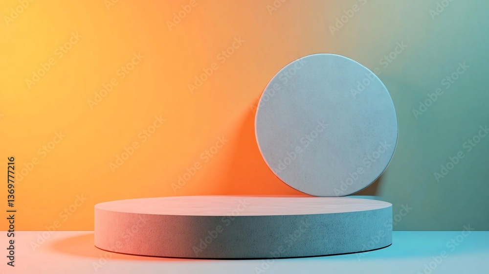 Poster empty round podium displaying products on orange and teal background