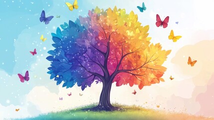 Vibrant Colorful Tree with Butterflies in a Dreamy Landscape