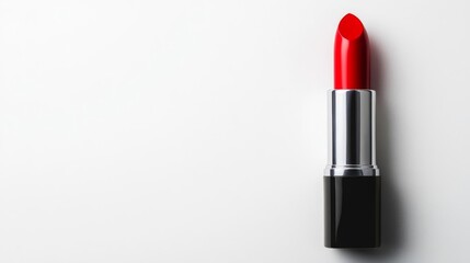 Red lipstick with shiny black casing on white background close-up shot.