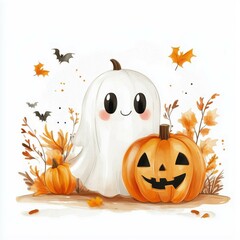 Cute Ghost Surrounded by Pumpkins and Autumn Leaves for Halloween