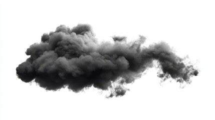 Dense black smoke cloud suspended in air on white background.