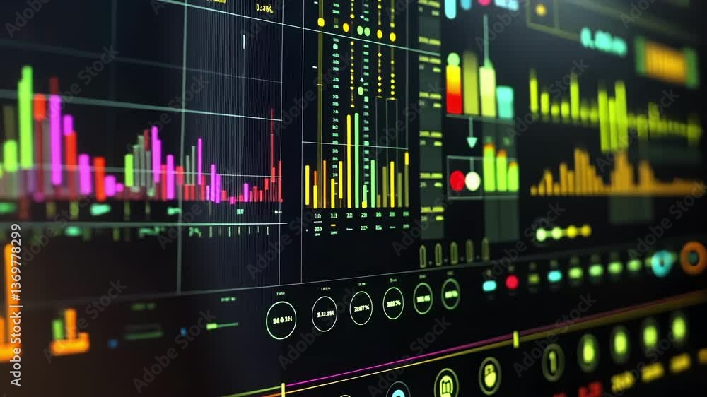 Aufkleber futuristic cybersecurity control panel displaying colorful charts, graphs, and data visualizations, 