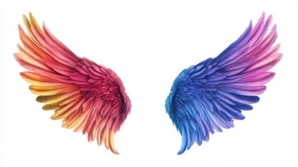 Obraz premium Vibrant multicolored bird wings illustration with gradient feathers on white.