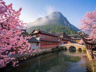 Traditional Asian Pagoda by River with Blooming Pink Flowers
