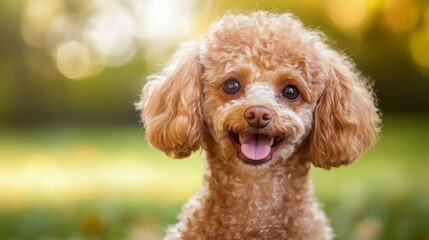 Fototapeta premium Happy brown toy poodle dog looking at camera with green nature background.