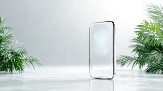 Modern, sleek smartphone with clear glass display, on a light marble surface, surrounded by lush palm leaves