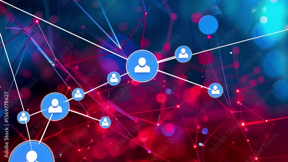 Poster vivid red and blue lights intertwine in a dynamic abstract pattern, illustrating a blend of technolo