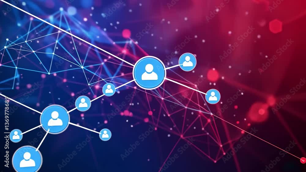 Poster a vibrant display of swirling red and blue lights forms a network of interconnected lines and dots, 