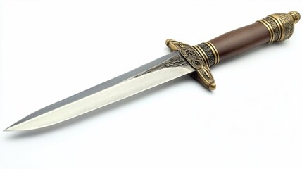 Ornate Damascus steel dagger with antique handle on white background.
