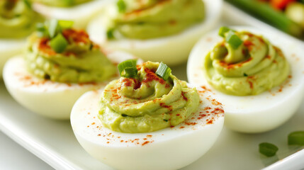 Delicious egg halves stuffed with filling. AI generative.