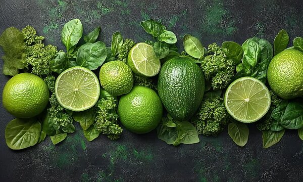 Fresh vibrant green limes, avocados, and leafy greens arranged on a dark surface