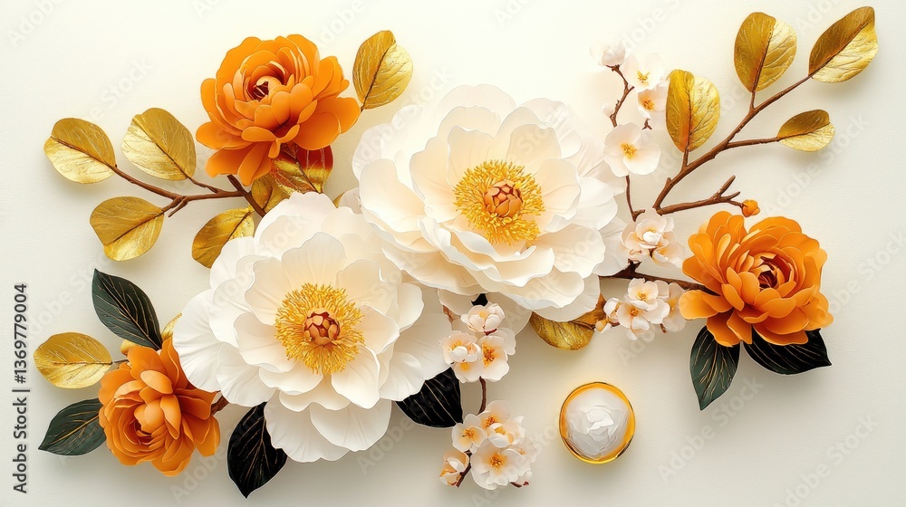 Poster decorative golden leaves and soft peonies creating an opulent, yet subtle, background on a white can