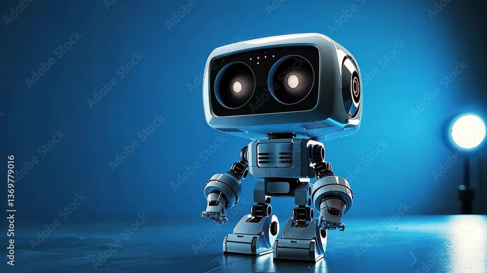 Poster the robot has a compact design with round features, glowing blue eyes, and metallic limbs, creating 