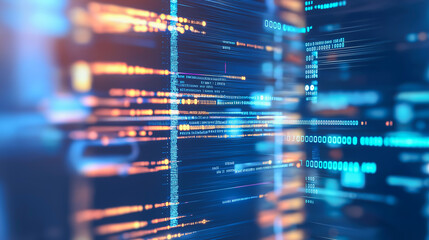 Dynamic software abstract background featuring flowing data streams and glowing binary code patterns in a digital environment