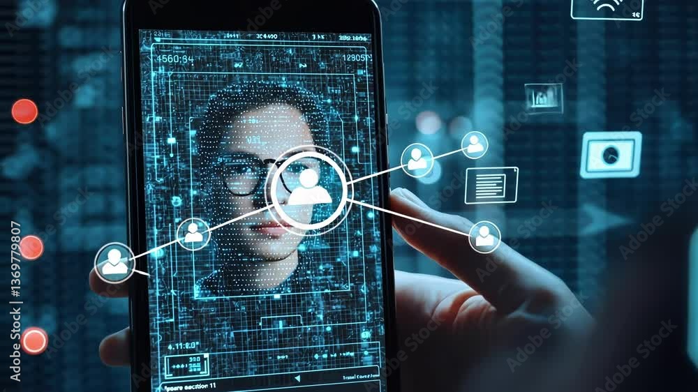 Poster hand holding smartphone scanning face with facial recognition software, biometric identification and