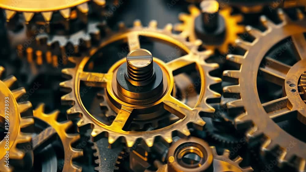 Poster an array of beautifully crafted golden gears interlocks closely, reflecting afternoon light in a wor