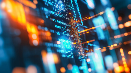 Colorful software abstract background featuring binary code and glowing data patterns in a tech-inspired design