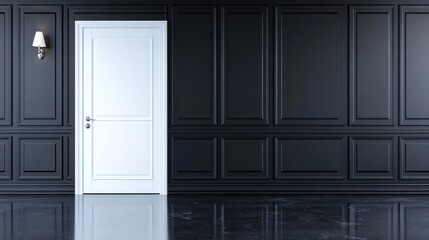 Elegant room features dark wall paneling and a bright white door