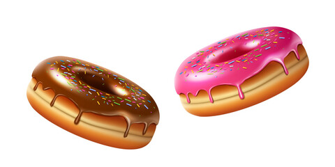 strawberry and chocolate icing cream taste glazed realistic donuts set isolated on the white background. delicious 3D doughnuts vector illustration.