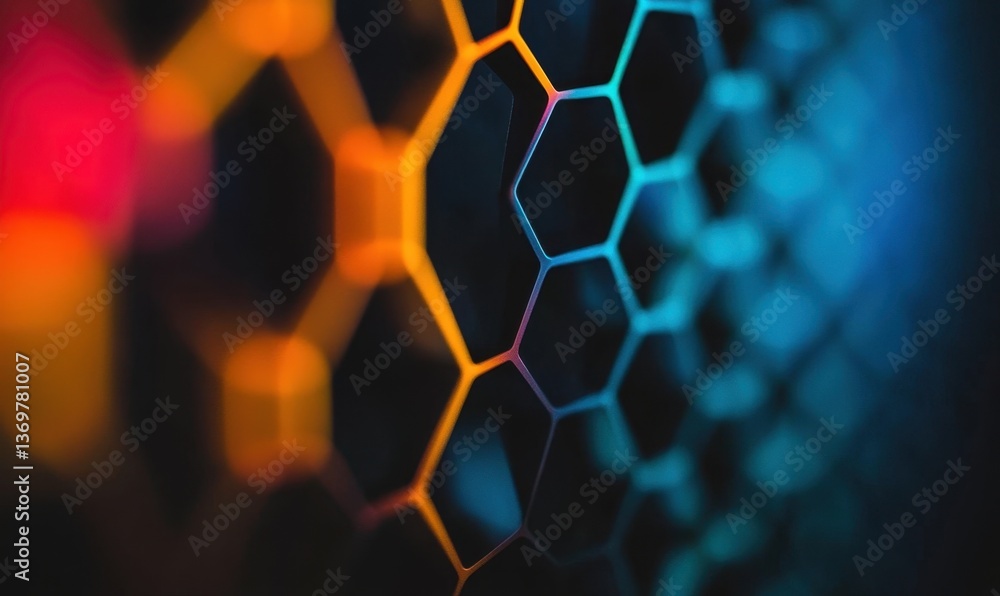 Poster colorful hexagonal grid pattern on a dark background, ideal for tech or abstract designs