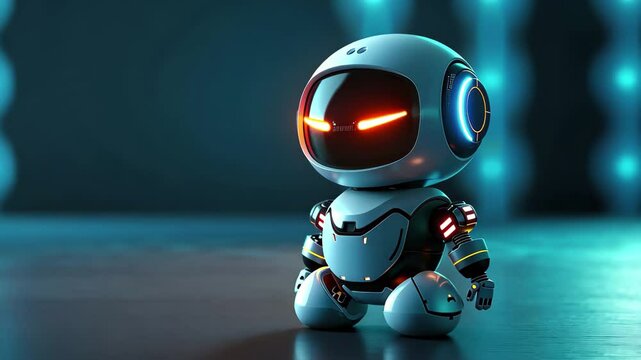 A tiny robot with vibrant glowing accents is positioned on a sleek surface, surrounded by a cool blue ambiance, showcasing advanced technology and design.