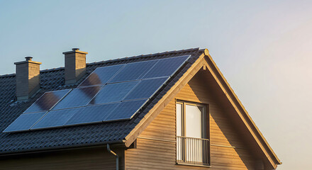 Fototapeta premium Close-up of new suburban house with a photovoltaic system on the roof. Modern eco friendly passive house with solar panels on the gable roof, with sunlight in the morning vibes, Generative ai