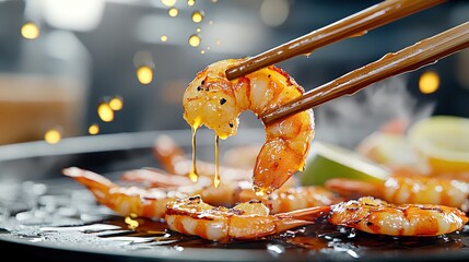 Chef using chopsticks lifting delicious fried shrimp from hot pan