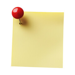 Yellow sticky note with red pin stuck on top of paper isolated on white background.