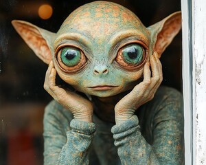 Obraz premium Alien figurine by window, cafe setting