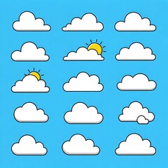 Obraz premium Set of Cartoon Cloud Icons with Sun on Blue Sky Background