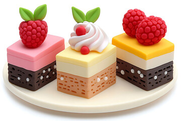 Three miniature layered cakes each topped with fruit and cream sit on a white plate against a white background.
