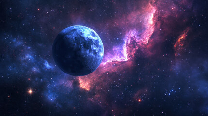 Obraz premium A blue planet set against a vibrant nebula in outer space