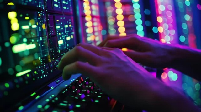 Close up of hands typing on laptop keyboard in dark data center with colorful bokeh lights, reflecting the work of a network engineer securing servers