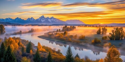 Naklejka premium A winding river through an autumn forest, clear water reflecting the sky, surrounded by orange and golden trees, misty background