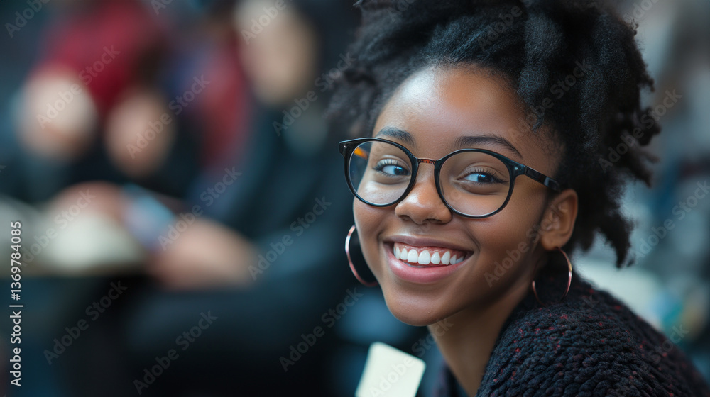 Poster a cheerful student sits in a crowded classroom, focused on taking notes during a lecture. the atmosp