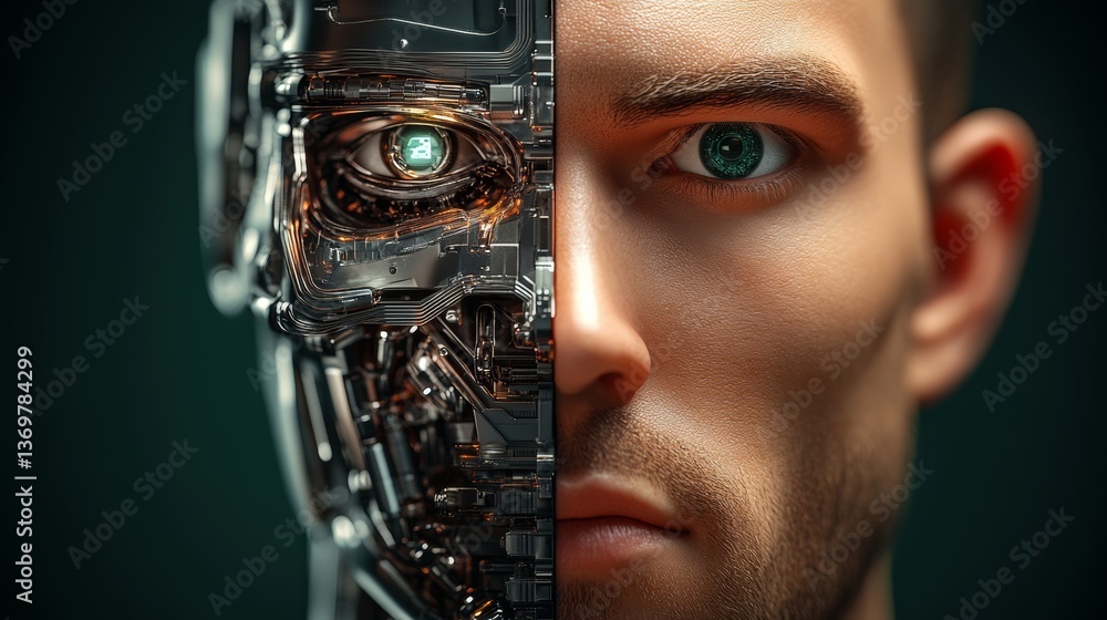 Poster man's face is split in half, with one half being a robot and the other half being a human. the robot