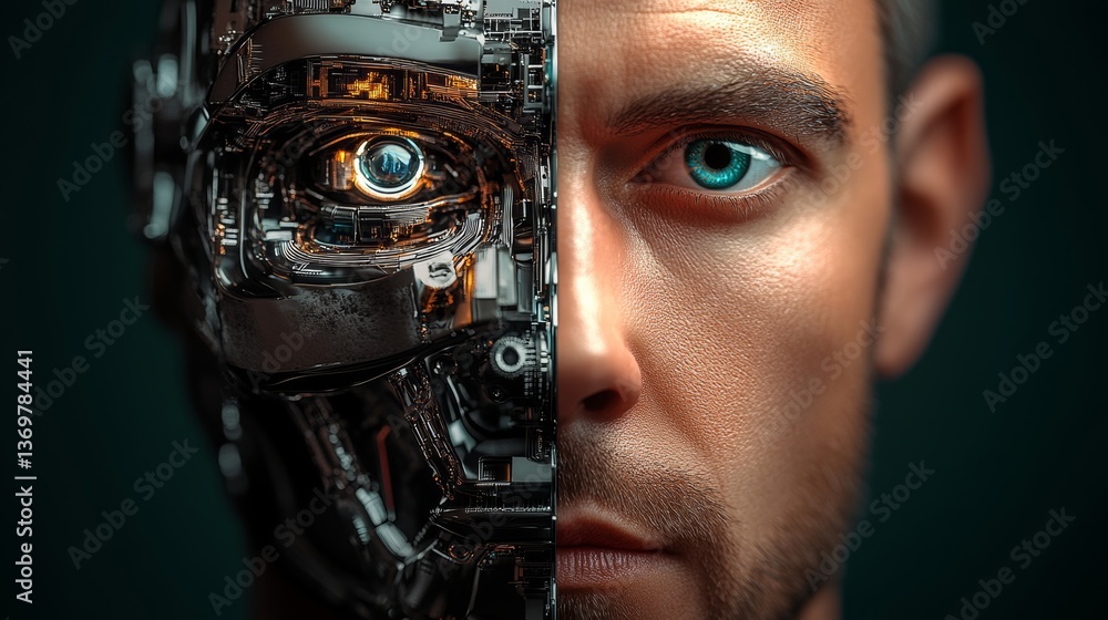Poster man's face is split in half, with one half being a robot and the other half being a human. the robot