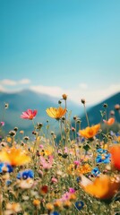 Obraz premium Vibrant Wildflower Meadow Bursting with Color Under Clear Sky