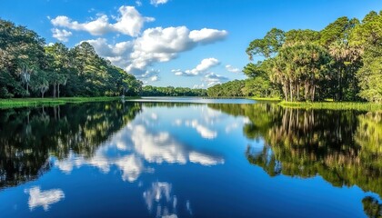 Fototapeta premium A calm lake with crystal-clear water reflecting a blue sky and white clouds, surrounded by dense green forest, tall trees with brown palm trees, bright blue sky with fluffy white clouds